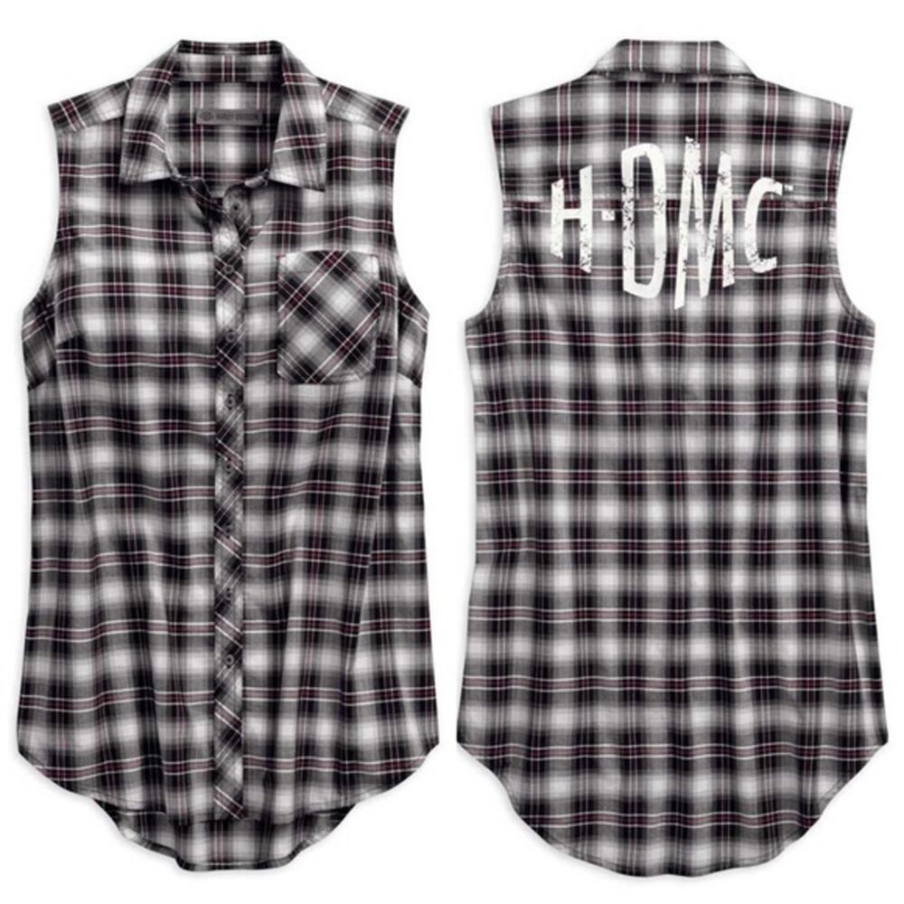 EUC! Harley-Davidson Women's Distressed HDMC Sleeveless Plaid Woven Shirt 18-19”